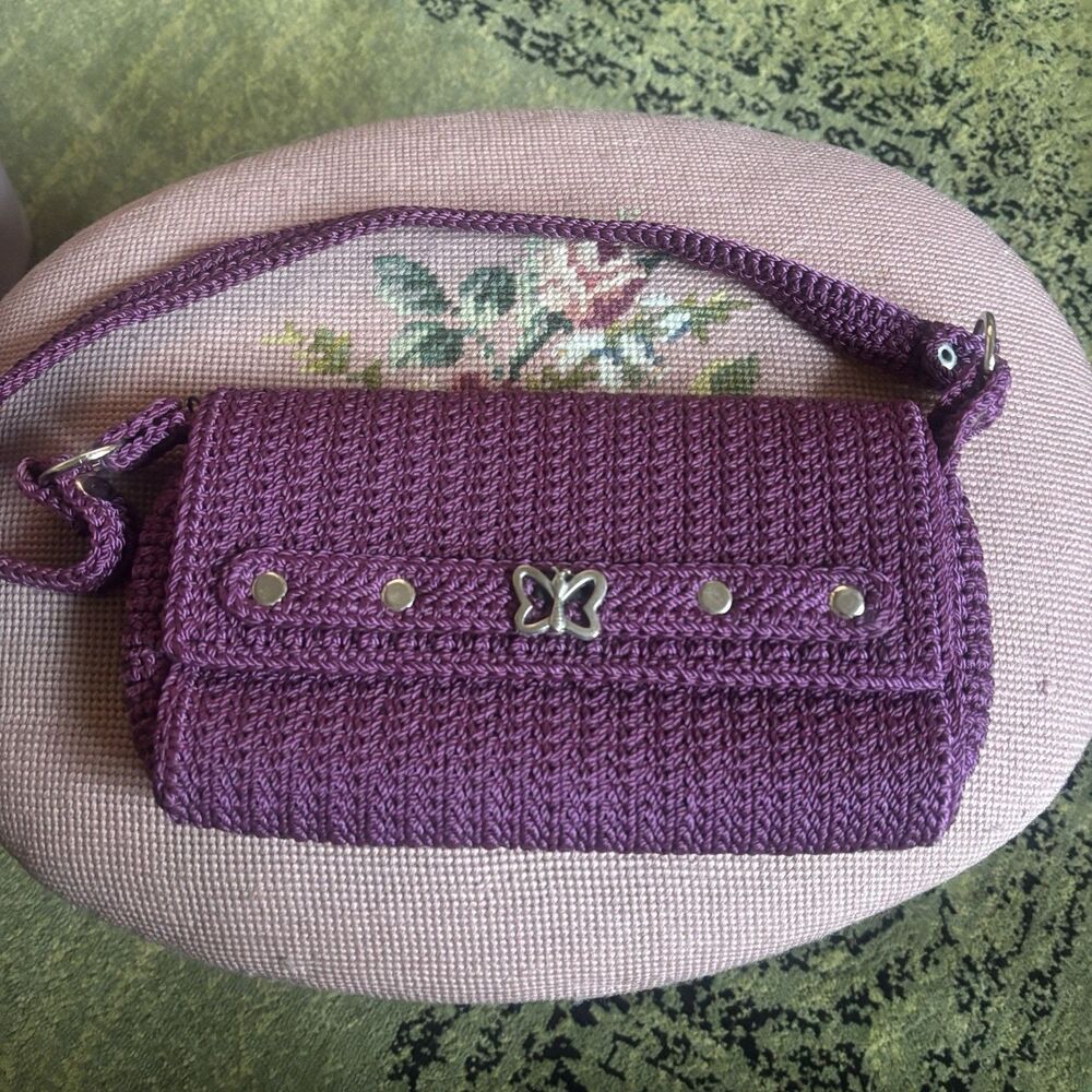 Vintage 90s 00s Crochet Bag Purple Butterfly Accent Boho Grunge Mini Purse Y2K
